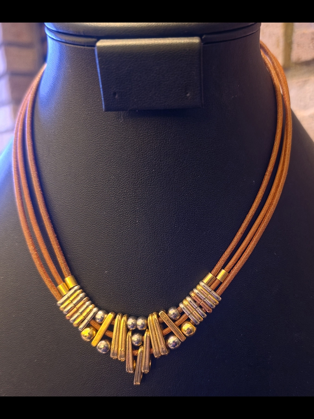 Multi-Strand Brown Leather & Gold Accent Necklace